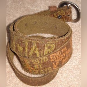 NWOT Bill Lavin Leather Island Distressed Make Love Not War Brown Leather Belt